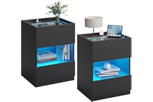 ‎AOGLLATI 2er Set Nachttisch mit Ladestation und LED-Leuchten, Nachttisch mit 2 Schubladen und 1 offenem Stauraum, Nachtschrank mit 2 USB-Anschlüssen und 2 AC-Steckdosen Nightstand Beistelltisch (2, Schwarz)