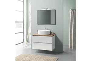 Kiamami Valentina - Mobile Bagno Sospeso 80CM | 2 Cassetti con Chiusura Rallentata | Lavabo in Ceramica | Specchio 80x60 | Bianco Lucido, Top Rovere Naturale, Legno
