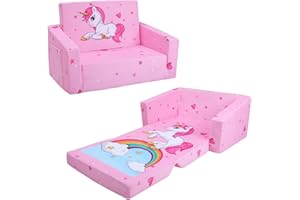 Decalsweet Kids Sofa Bed,2-in-1 Flip Out Kids Couch,Folding Toddler Chair with Pocket,Convertible Chair to Lounger,Birthday Gift for Children Girls,Pink Unicorn