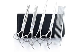 MOONTAY Professionelles Fellpflegescheren-Set für Hunde, 17,8 cm / 8 Zoll (20,3 cm), gebogene Fellschere, Effilierschere für Hunde mit Fellpflegekamm