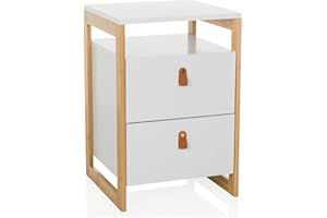 hjh LIVING Nachttisch mit 2 Schubladen TAROLO III Beistelltisch mit offener Ablage, Kunstleder-Griff, Schrank mit Bambus-Rahmen, Weiß