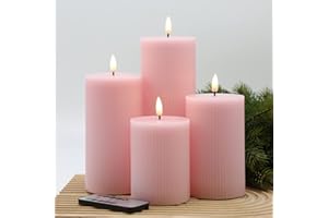 Eywamage Pink Ribbed Candles Battery Operated Tall Pillar Candles, Flickering Flameless LED Candles with Remote Set of 4