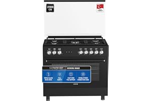 Krome 90×60 cm Freestanding Gas Cooker – 5 Euro Pool Burners + Dual SABAF Burner, Double Turbo Fan, Full Safety Oven & Hob, Cast Iron Pan Supports, Push Button Ignition, Black - KR-CR9062FEB