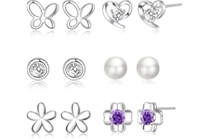 RANKEEF RANKEE 4/6Paare Ohrstecker Silber 925 Damen Ohrringe Mädchen Silber 925 Heart Butterfly Ohrstecker Silber Hypoallergene Sleeper Stud Set für Damen Mädchen