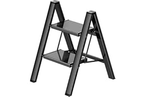 Ladnamy 2 Stufen Leiter Schwarz Aluminium klappleiter Trittleiter 2 Stufen Klappbar Leicht Tritthocker mit breitem Anti-Rutsch Pedal, Maximale Tragfähigkeit 150KG