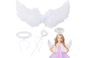HBSFBH Ali d'Angelo Piuma, 60CM Ali di Piuma Halloween, Ali d'Angelo Bianco con Aureola Angelo e Bacchetta Magica Angel, Ali d'Angelo per Bambini, Costume Halloween Carnevale Cosplay per Ragazze