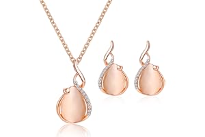 Yienate Wedding Crystal Opal Necklace Earrings Jewelry Set Zirconia Pink Crystal Teardrop Pendant Necklace Drop Earring Set Gold Bridal Bridesmaid Jewelry Set for Women Girls