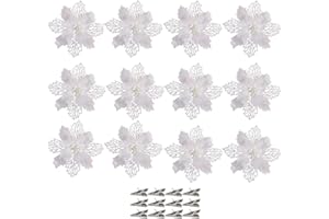 SECALIFE 12 Pcs Christmas Flowers Large (16CM) Poinsettia Christmas Glitter Flower Artificial Flowers with Clips for Christmas Tree Wreath Hanging Party Xmas DIY Decor, White