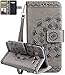 Produktbild Samsung Galaxy J5 2015 Hülle(5,0Zoll), Roreikes Premium PU Leder Tasche Brieftasche Handyhülle im Bookstyle mit Kartenfächer Standfunktion Luxus Vintage Halbe Blume Muster Schutzhülle Handschlaufe Flip Case Protective Cover Innere Weiche Silikon Handy Tasche mit Strap Portable Standfunktion-Grau