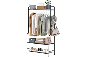 ISYUNEN Stand Appendiabiti in Metallo,Stendino durevole salvespazio di grande capacità con piu scaffali conDesign a doppia asta di sospensione, grande capacita di stoccaggio,74*40*168cm (Nero, 168*74*40cm)