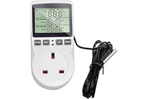 Nerissa Digital Thermostat Socket with 1.7m Sensor, Heating and Cooling, 230V 16A, Timer for Greenhouse, Reptile, Terrarium Home, White (T01-UK)