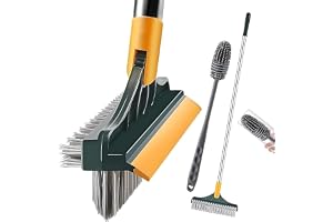 JAY EMPIRE 3-in-1 Bathroom Cleaning Brush with Wiper and Long Handle - 180° Rotating Floor Scrub Brush for Tiles, Kitchen, and Home Cleaning Accessories, Black, Stainless Steel (Bathroom Brush 3 In 1)