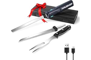 HAUSHOF Elektromesser, Kabelloses Küchenmesser mit 2 Edelstahlklingen, Elektrisches Messer mit Gabel, 2000 mAh Akku für Präzises Schneiden von Brot, Fleisch und Käse, mit Aufbewahrungsbox, Grau