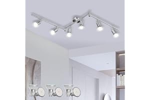 Bojim Plafonnier LED 6 Spot, Luminaire Plafond Lustre Orientable GU10 Light, Lampe Eclairage de Cuisine Applique, Ampoules Blanc Neutre Incl 6 x 6W, pour Interieur Salle Manger Salon Bain, Nickel Mat