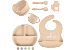 Baby Weaning Set by Bebefant™ | Suction Bowl | Suction Plate Baby | Cup | Adjustable Bib with Pocket | Bamboo Fork & Spoon for Baby Led Weaning | Baby Feeding Set (Neutral (Light Brown))