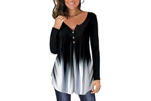 CHICZONE Womens Tunic Tops Plain Pleated V Neck Buttons Up Blouse Floral Printed Ladies Henley T-Shirt