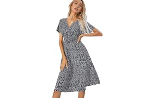 XIVISTO Robe Casual Fleurie Femme Ete Col en V Sexy Boheme Manches Courtes Elegant Mi-Longue Tunique Swing Robe Vintage Dress Vacances Plage