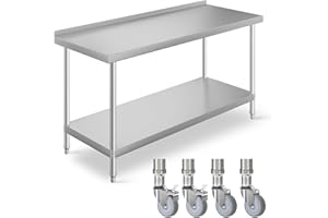 FIDOOVIVIA Stainless Steel Commercial Prep Table, 120 x 60 x 80cm Modern Worktop with 3.5cm Backsplash, Heavy Duty Kitchen Food Prep Table with 4 Wheels & Bottom Shelf, Silver