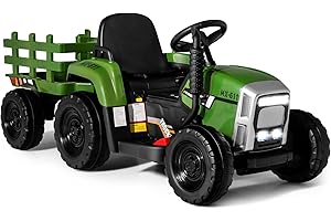 COSTWAY 12V 3-Gang Traktor mit abnehmbarem Anhänger und 2,4G Fernbedienung, Kinder Aufsitztraktor mit LED Lichtern, Musik, Hupe & USB Funktionen, geeignet für Kinder ab 3 Jahren (Dunkelgrün)