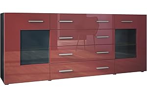 Vladon Sideboard Kommode Grömitz V2, Made in Germany, Korpus in Schwarz matt/Front in Bordeaux Hochglanz (166 x 72 x 35)