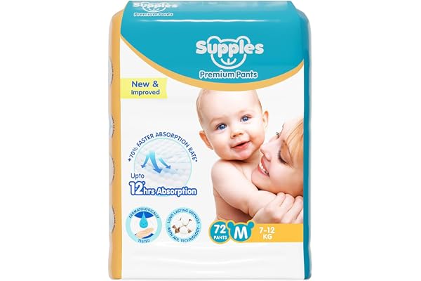 Amazon Brand - Supples Premium Baby Diaper Pants | 72 Baby Diapers | Medium | 7-12 Kg | 12 Hrs Absorption | Cushiony Cotton S