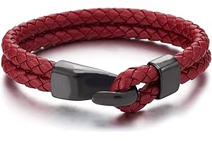 COOLSTEELANDBEYOND Dos Hileras Cuero Trenzado Brazalete de Hombre Mujer, Negro Acero Inoxidable Cierre De Gancho