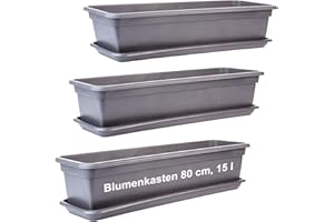 ‎2FRIENDS Blumenkasten Balkon 80 cm mit Untersetzer Balkonkasten Fensterbank außen, 3er Set Blumenkästen Balkonkästen, hochwertiger Kunststoff, Anthrazit, eckig, Made in EU, Model: Abelard
