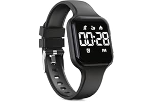 Focwony Digitale Kinderuhr, Schrittzähler, wasserdicht, Fitness-Tracker, Armbanduhr mit Schrittzähler, LED-Anzeige, Stoppuhr für Kinder, Jungen, Mädchen, Teenager (Schwarz)