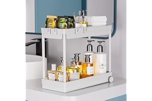 Fowooyeen Organizador bajo Fregadero, Organizador Cocina con 4 Tubos de Acero, Organizador Productos Limpieza, Organizador Armario Cocina/Baño, Estanteria Cocina, Under Sink Organizer - Blanco