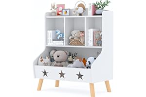 Huhote Kids Bookshelf and Toy Storage Organiser, Kids Bookcase with 3 Compartments, Kids Toy Storage Cabinet, Children's Bookcase Organizer Holder, for Bedroom, Kids Room, Playroom, Nursery (White)