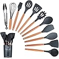 Oyalah 11 Pieces Silicone Cooking Utensils Set, Nonstick Cookware Set with Storage Bucket, Heat Resistant Kitchen Untensils Set with Premium Wood Handles (Black)