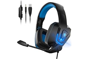 YOTMS PS4 Gaming Headset, Wired PC Headset for Xbox One, PS5, Laptop, Switch, H2 Over-Ear Gaming Headphones with Noise Cancelling Mic & LED Light & Volume Control & Surround Sound (Blue)