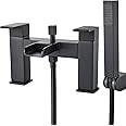 Luckyhome Bath tap with Shower Waterfall Bath Shower Filler Mixer Tub Tap Double Lever Chrome Solid Brass with Handheld Shower Head Faucet,Black