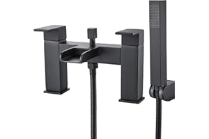 Luckyhome Bath tap with Shower Waterfall Bath Shower Filler Mixer Tub Tap Double Lever Chrome Solid Brass with Handheld Shower Head Faucet,Black