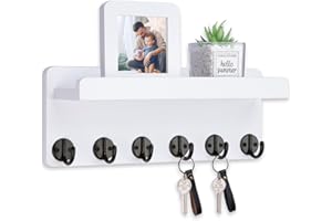 Nekon Key Holder Wall Mount, 12.9 Inch Home Decor Wooden Wall Organizer with 6 Hooks and Display Shelf, Wall Shelf for Living Room Entryway Kitchen (White)