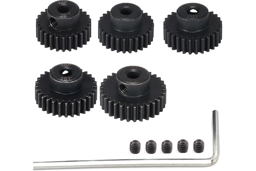 48P Hardened Steel Pinion Gear Set 3.175mm (1/8 inch) Hole 26T 27T 28T 29T 30T 48DP Pitch Gears with Hex Key for RC Brushless Brush Motor RC Car Upgrade (5pcs)