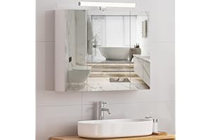 DICTAC Armoire toilette miroir avec éclairage LED et Prise 70×15×60cm meuble 3 Portes armoires de Salle de Bain,3 Niveaux Étagères à Hauteur Réglable,Grand espace de rangement,Blanc