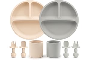 MOJINL Silikon Kindergeschirr Set Baby Geschirrset Kinderteller Set, 2 Kinder Baby Teller mit Saugnapf, 2 Babylöffel 2 Gabeln und 2 Baby Becher Trinklernbecher, BPA Frei Esslernbesteck für Kleinkinder