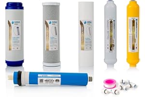 Kit de 5 Filtros Universales para Osmosis Inversa - Incluye Membrana Vontron de 50GPD, Rollo de Teflón, Conectores y T - Ideal para Equipo de 6 Etapas Universal - Nature Water Professionals