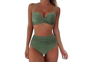 BIEDONGDA Maillots de Bain Femme 2 Pièces Taille Haute Vintage Bikini Set Push Up Col V Chic et Élégant Froncé Torsadé Ensemble Deux Pièces Tankini Beachwear Swimsuit Été Plage Vacances