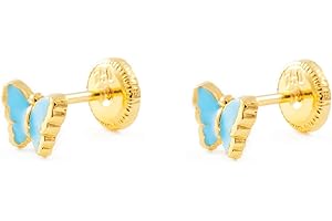 MONDE PETIT Boucles d'Oreilles Bébé Fille Enfant Émail bleu clair Papillon Or Jaune 9 Carats - Certificat de Garantie - Coffret Cadeau - Mondepetit
