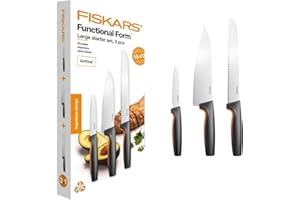 Fiskars Set de Couteaux de Cuisine, 3 Pièces, Functional Form, Comprenant Couteau de Chef (Moyen), Couteau d'Office et Couteau à Pain, Acier Inoxydable Japonais/Plastique, 1057559