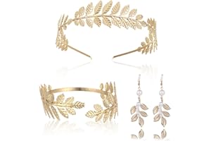 ZOPJUMA 3 Pezzi Corona Dea Tiara,Orecchini Foglia Oro Perla,Bracciali Foglia,Boho Corona da Sposa Accessori per Capelli Foglie, Corone Romane Adatto per Fotografia di Viaggio,Feste di Matrimonio