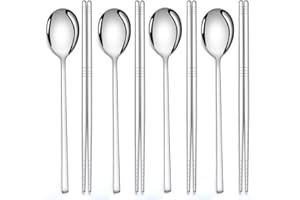 AOOSY Juego de 4 pares de palillos y 4 cucharas de palillos coreanos de acero inoxidable, cucharas de palillos de cocina, reutilizables, de metal plano, mango largo, para el hogar