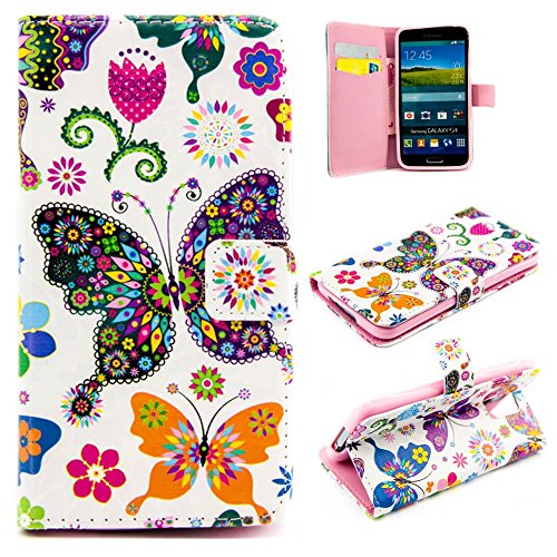 Preisvergleich Produktbild CaseHome Samsung Galaxy S5 Hülle,Schutzhülle Tasche Leder Mit Kartenfach Magnetverschluss Standfunktion Slim-Schutzhülle Folio Schalen Fall Mit Karten- / Geldscheinfach Für Samsung Galaxy S5-Bunt Schmetterling