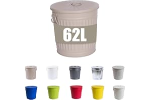 Jinfa Cubo basura metalico grande cenizas basuras reciclaje exterior jardin con asas y tapa | Beige | Diámetro Ø 42 cm - Altura 47,5 cm | Capacidad: 62 litros