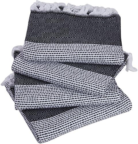 SET of 4 - New Season BRIGHTEST Diamond Weave Turkish Cotton Bath Beach Hammam Towel Peshtemal Blanket (4 Grey with Black Stripes)
