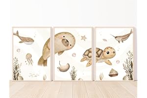 MeinBaby123® Lot de 3 images du monde sous-marin - Phoque mignon, tortue - Décoration chambre enfant - Cadeau naissance (V6)
