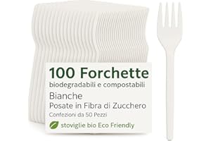 VIDOELETTRONICA 100 Forchette biodegradabili e compostabili Bianche Posate in Fibra di Zucchero Confezioni da 50 Pezzi stoviglie bio Eco Friendly (100 pezzi)
