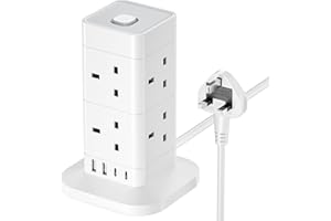 Tower Extension Lead with USB Slots, Hotimy 8 Way 4 USB (2 USB-A&2 USB C) Multi Plug Extension Tower，Surge Protected Extension Lead with Switch, 2 Meters Extension Cable for Home Office 13A 3250W